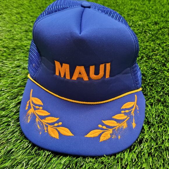VTG 80s Maui Rope Trucker Hat Snapback Laurel Leaf Scrambled Eggs Hawaii - Picture 1 of 8